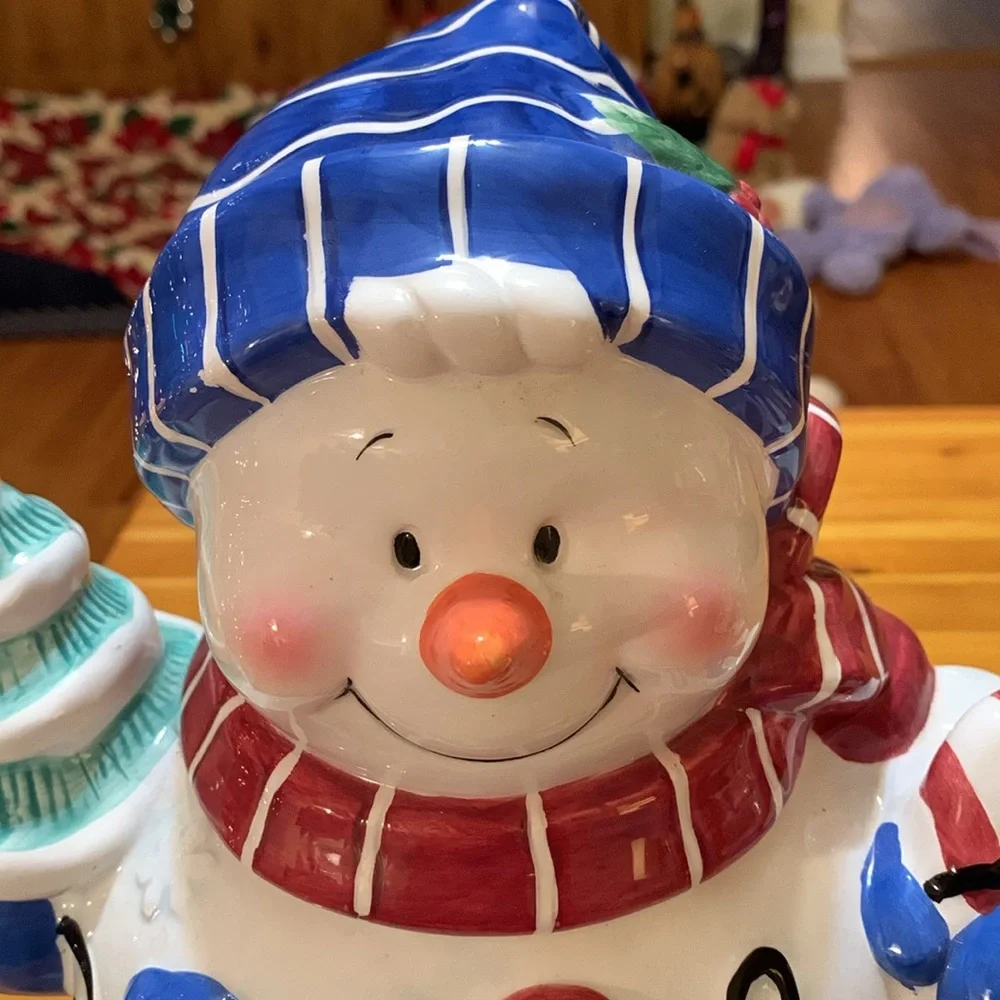 Vintage Houston Harvest, Snowman cookie jar, Blue Willow, EUC